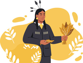 Native American man holding wheat stalks with yellow background vector illustration in modern style 