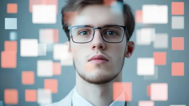 Person with glasses data visualization abstract squares tech science innovation