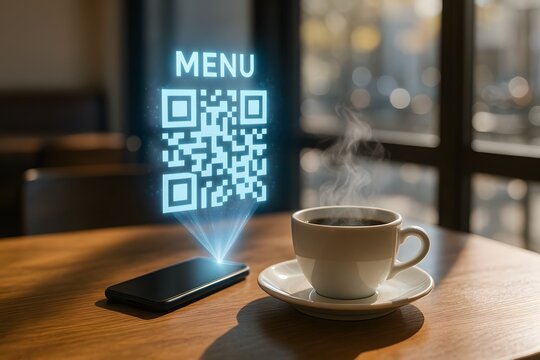 QR code menu hologram projected from smartphone next to coffee cup. Concept of digital ordering, contactless technology, and cafe innovation.