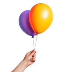 A hand is holding colorful balloons isolated on transparent background