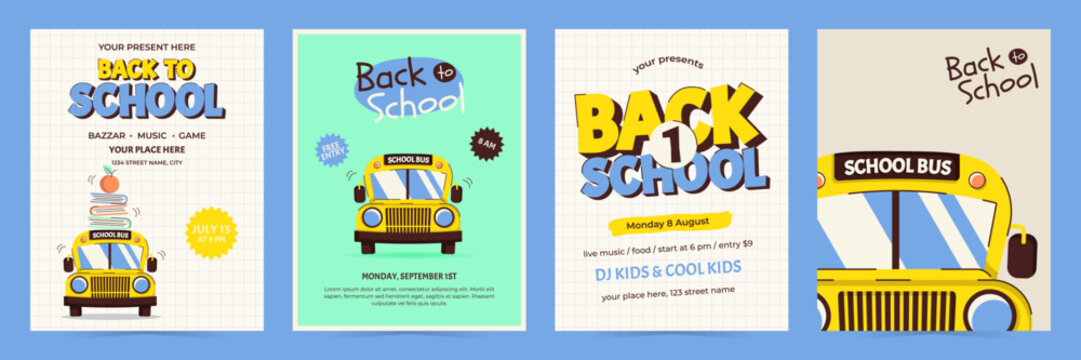 Colorful back to school posters set with school bus, books, apple and other. Template for event flyers, invitations and promotions. Vector illustration