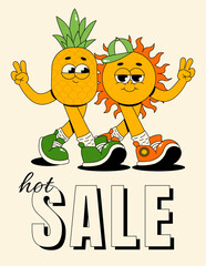 Summer hot sale poster. Retro groovy walking characters sun and pineapple. Flat vector illustration for banner, flyer, card, voucher