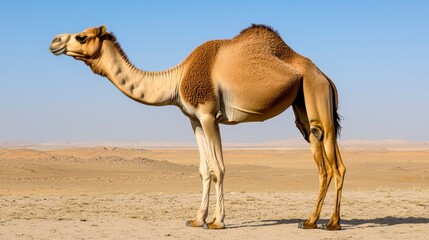 Dromedary camel standing in a desert landscape under a clear blue sky.