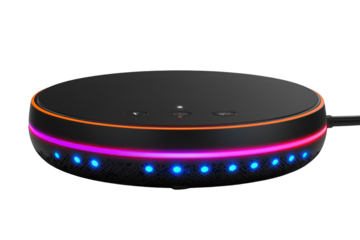Round, black device with lights on dark background
