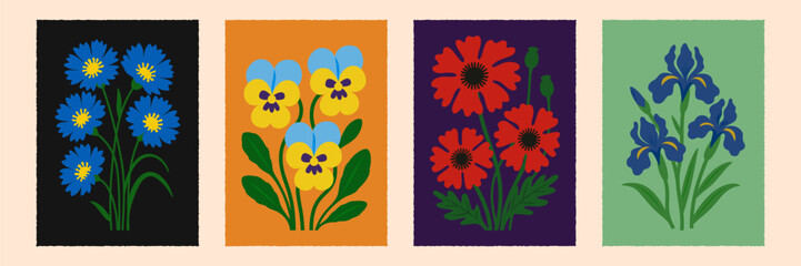 Vector botanical poster illustrations: cornflower, pansy, poppy, iris. Retro scandinavian design art posters with flowers. Floral pattern backgrounds for wall decor, greeting cards, print © Ron Dale
