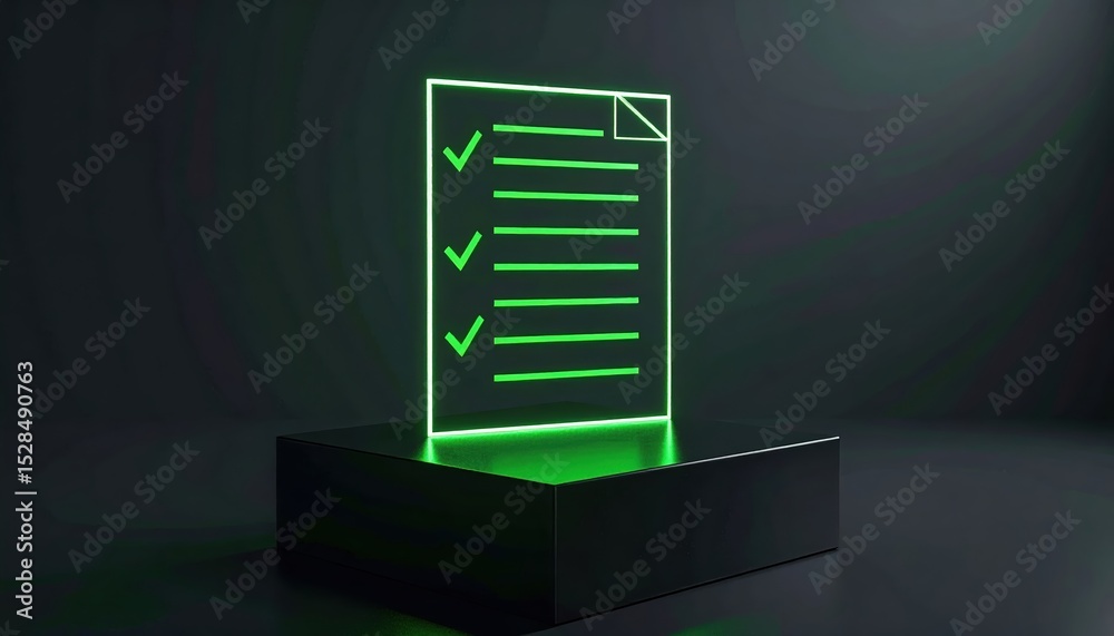 Poster neon illuminated transparent checklist with checkmarks and document icon on black platform in futuri
