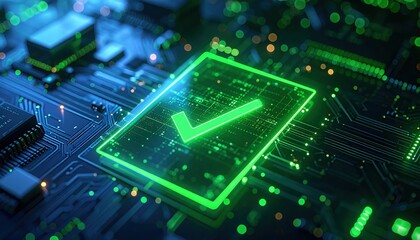 Close-up of a glowing digital security checkmark symbol on a circuit board background with vibrant green LED lights and electronic components, representing technology security and verification