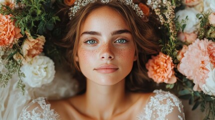 A stunning bridal portrait featuring a young woman with freckles, surrounded by beautiful flowers, capturing the essence of love and celebration in a magical moment.
