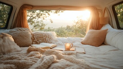 A peaceful van interior with soft blankets and a warm cup of coffee invites a moment of reflection and tranquility as sunlight streams through the windows.