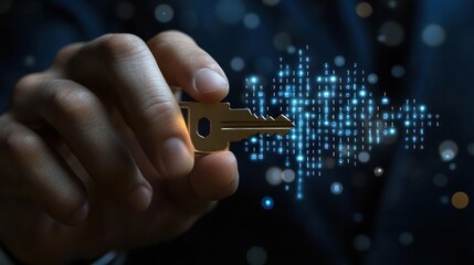Digital key: hand holding the key to unlocking access to secure data