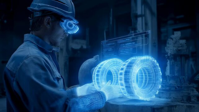 Automotive engineer wearing augmented reality goggles uses holographic projection to analyze a tire prototype in a futuristic automotive factory