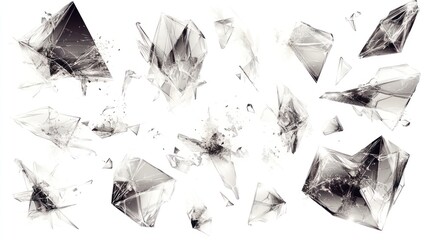 Abstract explosion of fractured glass shards against a stark white backdrop