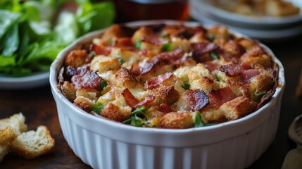 Delicious breakfast strata featuring crispy bacon, bread cubes, and fresh spinach