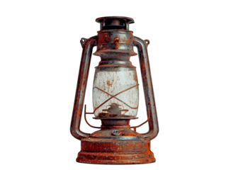Rusty old lantern with a weathered glass center