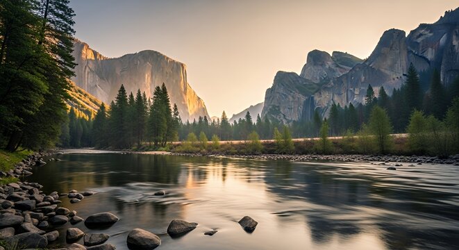 Serene River Flowing Through Mountain Valley at Sunset