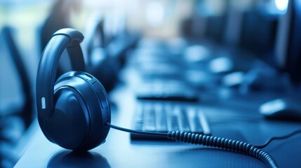 Office headset resting by computer keyboard, call center work setup concept