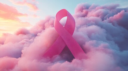 Pink ribbon against ethereal clouds, symbolizing hope, awareness and support