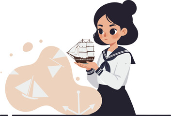 Girl in sailor uniform holding model ship illustration with abstract shapes in soft beige and black colors 