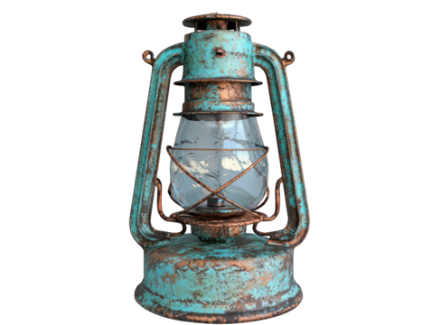 Rusty, aged lantern with glass globe against black background