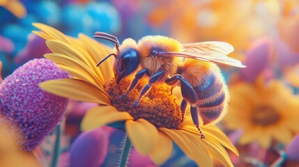 A honeybee diligently collecting nectar on a vibrant yellow flower blossom