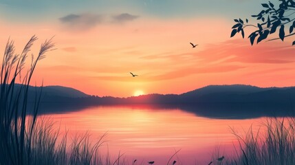Serene sunset over calm lake, birds flying, silhouetted hills and reeds.