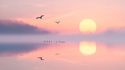 Serene sunrise over calm water with birds in flight and fog.