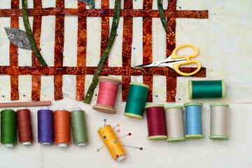 As part of a quilting project, fabric appliques are temporarily stitched onto a base fabric to form...