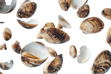 Seashells scattered on dark background. Close-up shot
