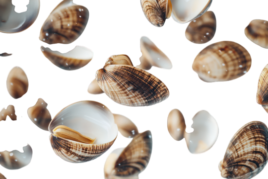 Seashells scattered on dark background. Close-up shot