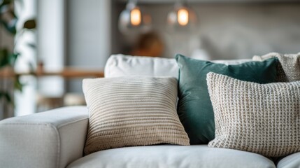 A modern living room showcases a cozy couch adorned with decorative cushions, creating an inviting atmosphere perfect for relaxation and comfort with a warm ambiance.