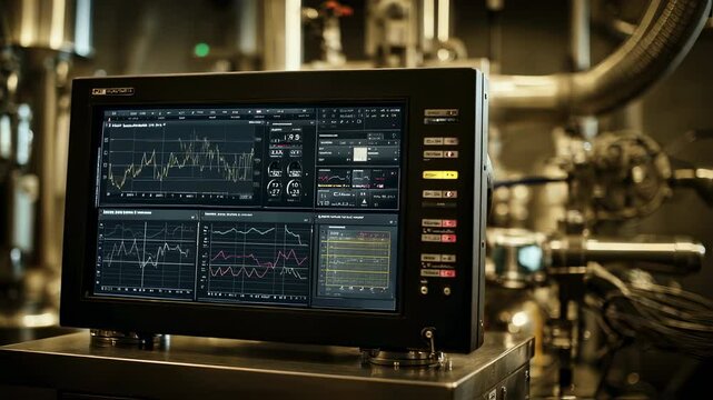 Sophisticated control panel displays real time data, charts, and key performance indicators, highlighting the advanced monitoring systems within a modern industrial facility