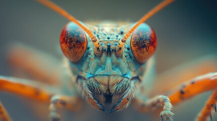 Intricate macro view of a colorful grasshopper revealing detailed textures and patterns
