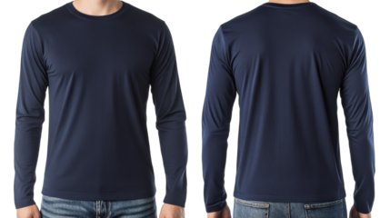 Front and Back View Navy Blue Long Sleeve T-Shirt Mockup Man's Apparel Design Template for Fashion and Branding