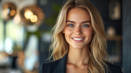 Confident woman with a radiant smile indoors, evoking professional success and elegance