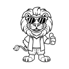 fun lion in a vacation wear sun glasses cartoon character isolated drawing line style sketch classic vintage design illustration