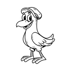 fun cute seagull with hat cartoon character isolated drawing line style sketch classic vintage design illustration