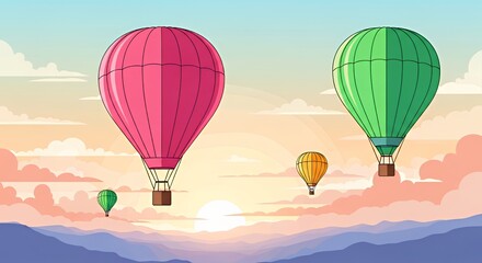 Fototapeta premium Colorful Hot Air Balloons Floating Over Mountainous Landscape at Sunrise