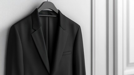 Sophisticated black suit jacket hanging elegantly against a classic wall