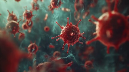 Close-up of viral particles floating in biological fluid, microscopic view