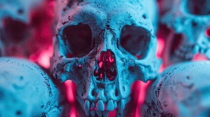 A collection of intricately detailed skulls is illuminated with striking neon colors, evoking themes of mortality, art, and the juxtaposition of life and death in a modern setting.