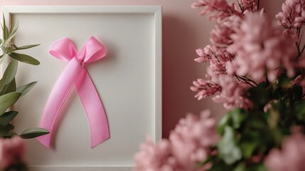 Breast cancer awareness ribbon in frame, surrounded by gentle floral aesthetics