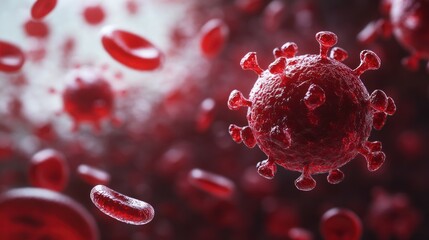 Microscopic view of viral pathogen with red blood cells in a bloodstream