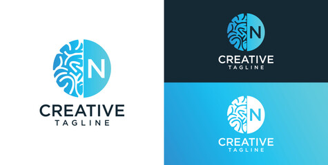 Brain Logo, combination of brain and initial letter N, flat design logo template, vector illustration
