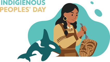 Naklejka premium Indigenous Peoples Day Celebration Featuring Native Woman Carving Traditional Art Vector Illustration 