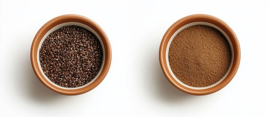 A Culinary Exploration of Flax: Whole Seeds and Ground Powder in Ceramic Bowls