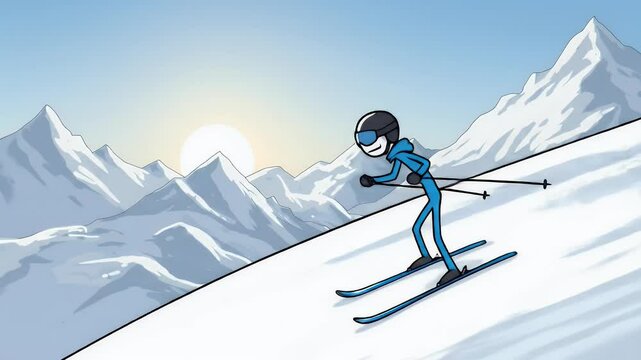 Cartoon skier on snowy mountain landscape