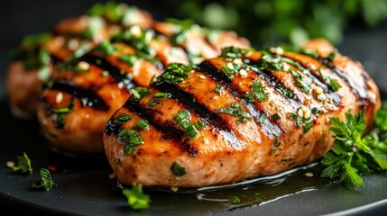 Delicious grilled chicken fillets are beautifully presented with fresh herbs and spices, showcasing culinary expertise and inviting food lovers to indulge in a mouthwatering dish.