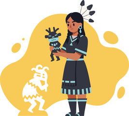 Fototapeta premium Native American woman holding a traditional Kachina doll with ceremonial attire and cultural symbols vector illustration 