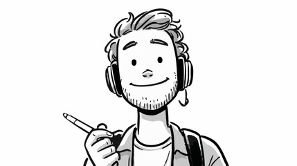 A young male artist with headphones and a stylus smiles happily as he works on a digital project with his drawing tablet in a bright and modern workspace.