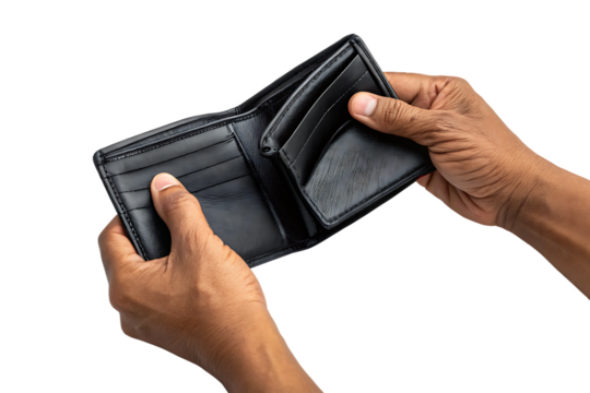 Empty black leather wallet held in hands isolated on a white background png ai generated